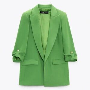 ZARA Womens Oversized Blazer with Rolled-up Sleeves in Green (Size S)
